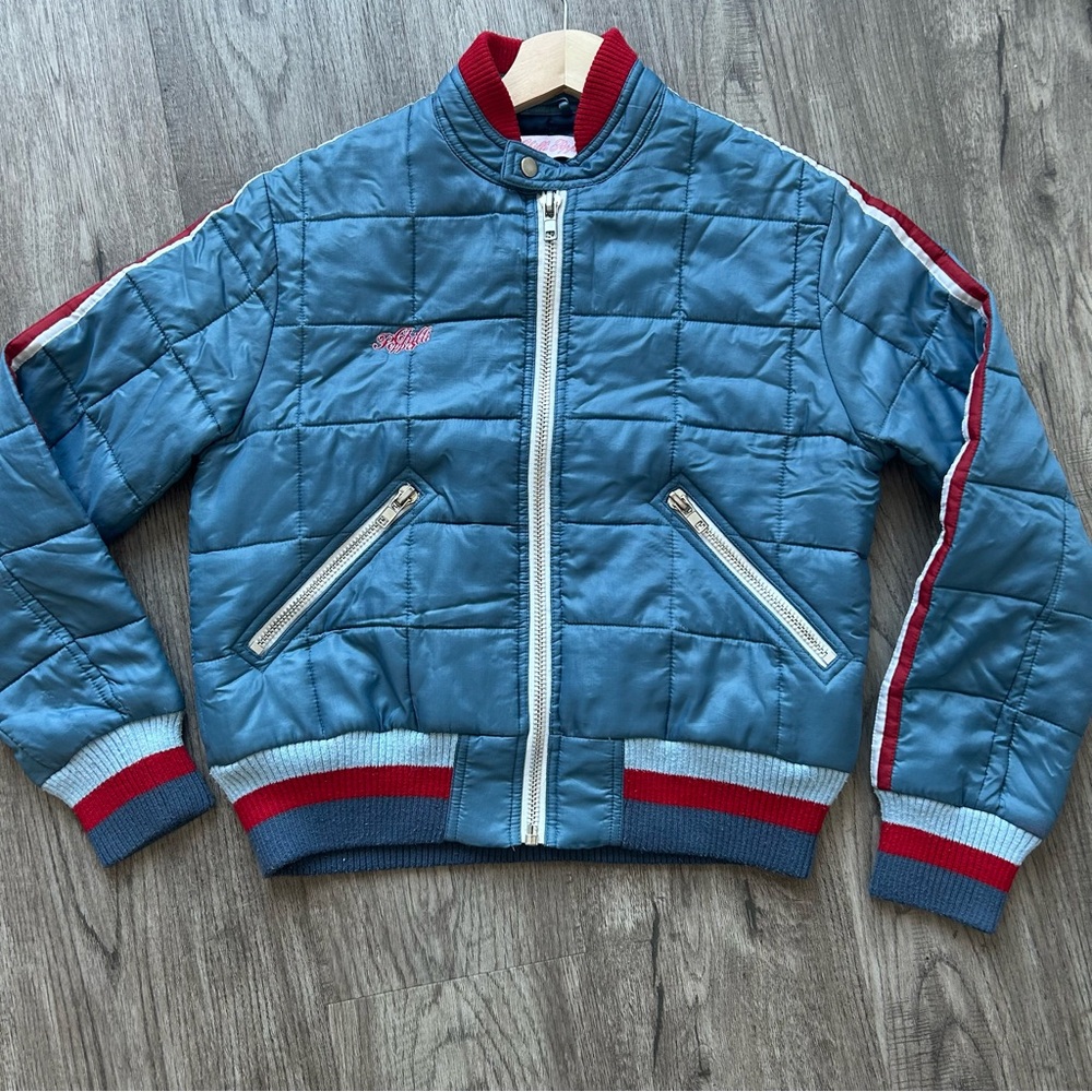 Vintage Blue Quilted Bomber Jacket with Red Accents